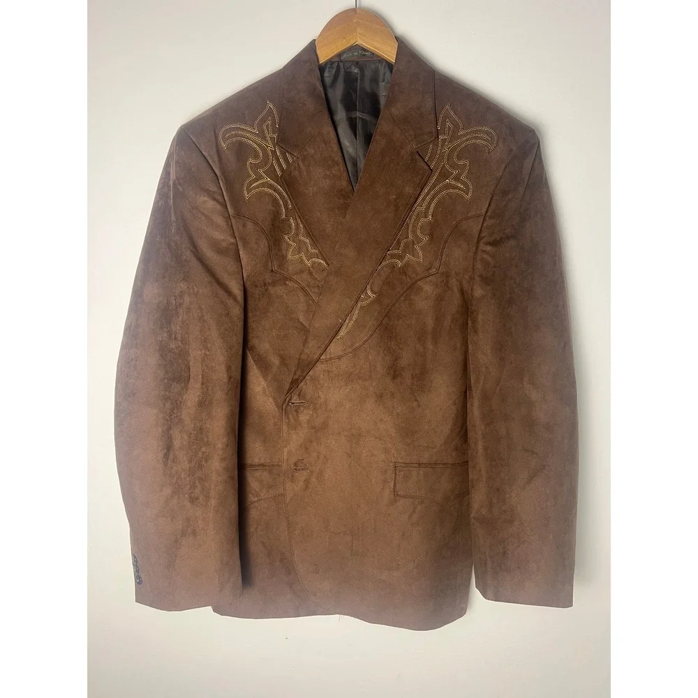 Circle S Western Blazer Mens 48R Brown Faux Suede Embroidered Sport Coat Formal
